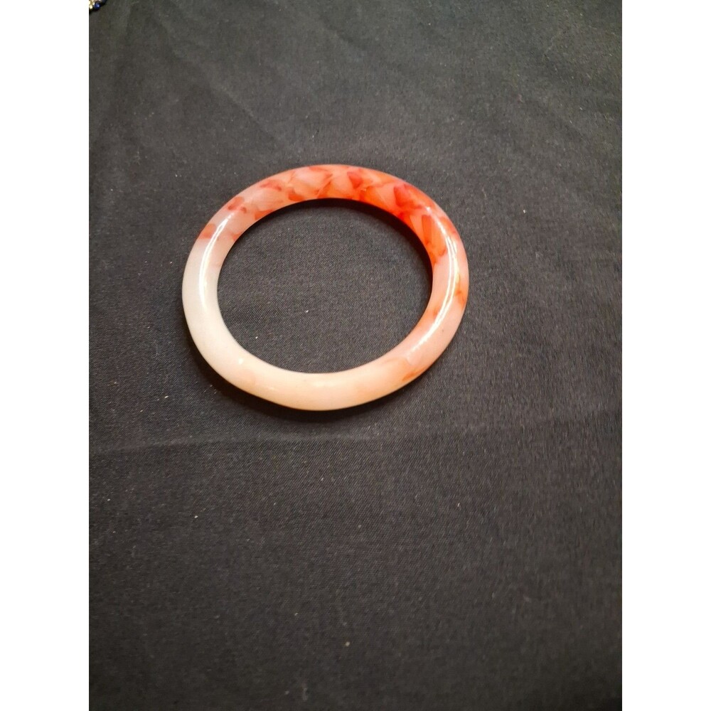 Vintage Mid Century Mod Coral Salmon Pink & White Art Glass Bangle Bracelet